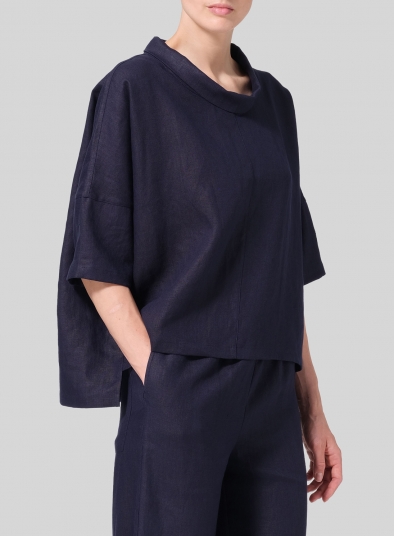 Linen Band Collar Boxy Top