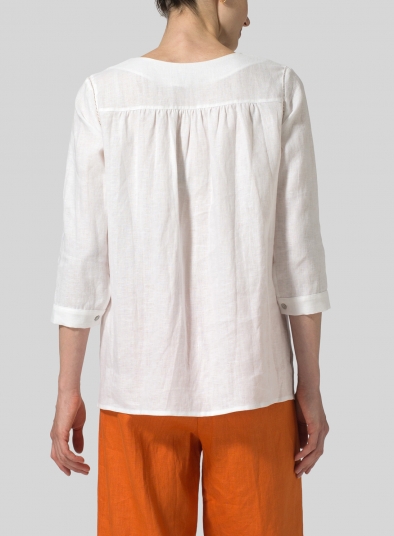 Linen Regular Fit Embroidered V-Neck Top