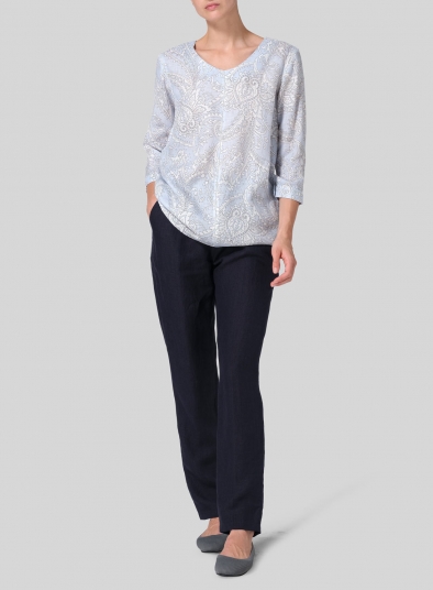Linen Regular Fit Embroidered V-Neck Top