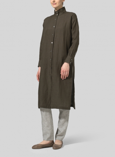 Linen High Stand Collar Long Shirt
