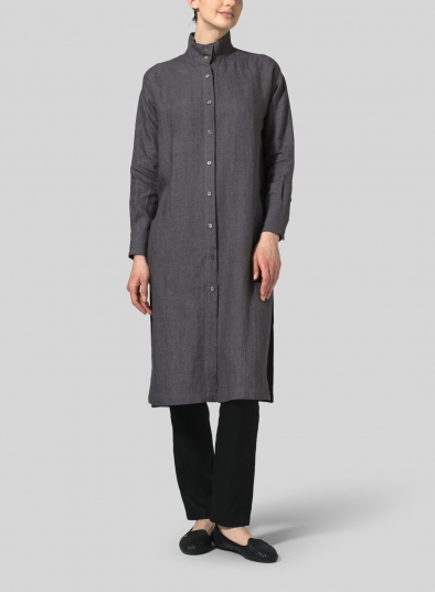 Linen High Stand Collar Long Shirt