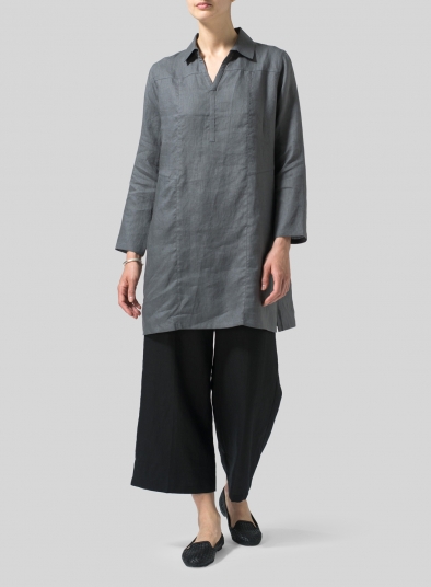 Dark Gray Linen L/Sleeves V-Neck Tunic