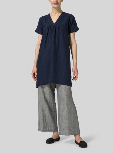 Linen Short Sleeve Neck Pleated Top