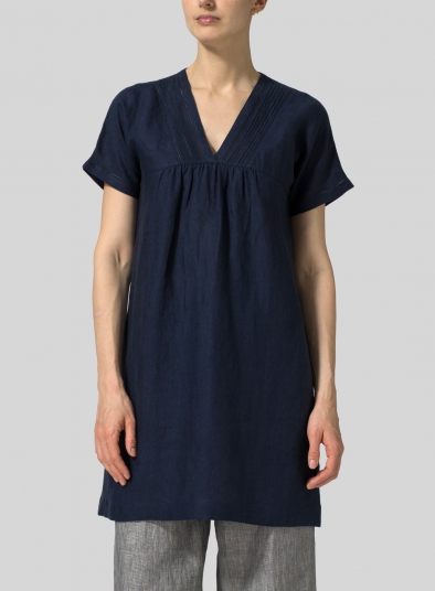 Navy Linen Short Sleeve Neck Pleated Top