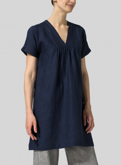 Linen Short Sleeve Neck Pleated Top