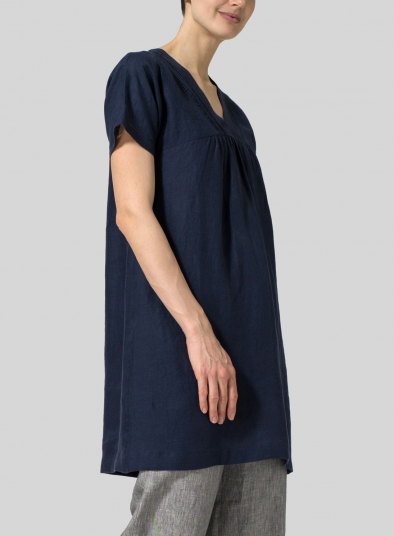 Linen Short Sleeve Neck Pleated Top