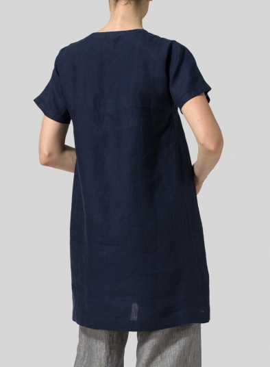 Linen Short Sleeve Neck Pleated Top