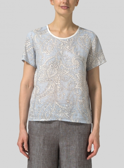 Blue Paisley Waves Linen Boxy Short Sleeve Top