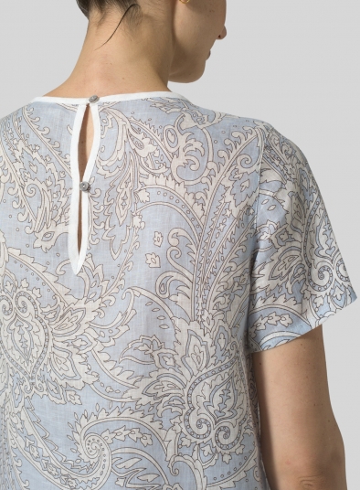 Blue Paisley Waves Linen Boxy Short Sleeve Top