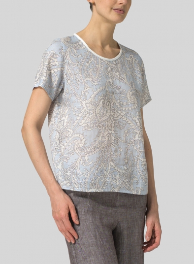 Blue Paisley Waves Linen Boxy Short Sleeve Top