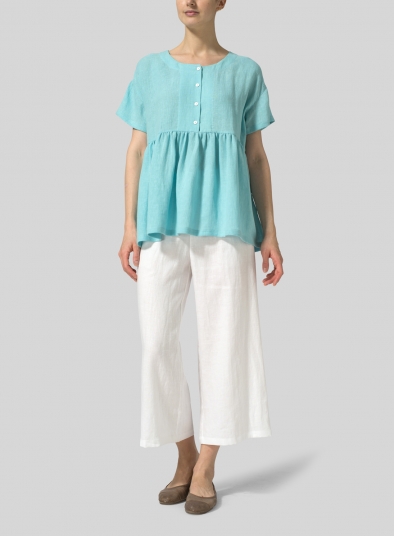 Linen Dropped Shoulder Round Neck Top