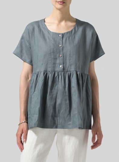 Linen Dropped Shoulder Round Neck Top