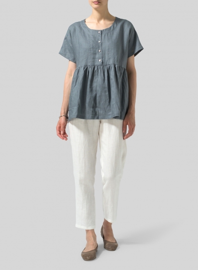 Linen Dropped Shoulder Round Neck Top