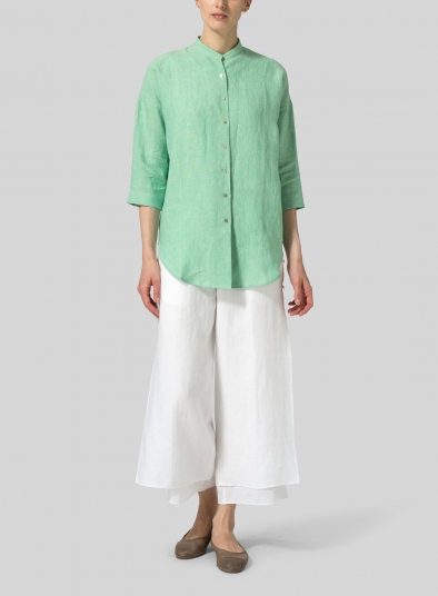 Linen Mandarin Collar Drop-shoulder Long Shirt