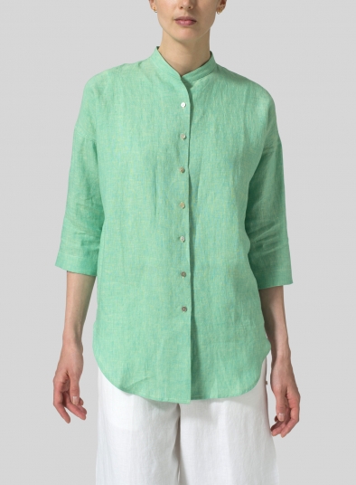 Linen Mandarin Collar Drop-shoulder Long Shirt