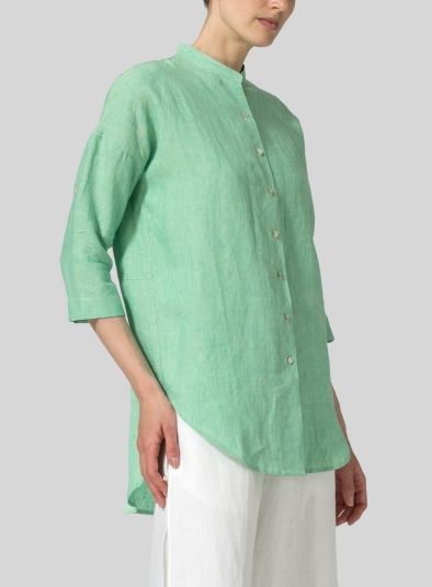 Linen Mandarin Collar Drop-shoulder Long Shirt