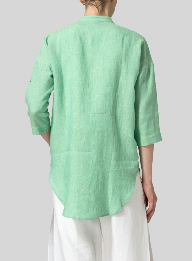 Linen Mandarin Collar Drop-shoulder Long Shirt