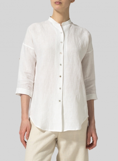 Linen Mandarin Collar Drop-shoulder Long Shirt