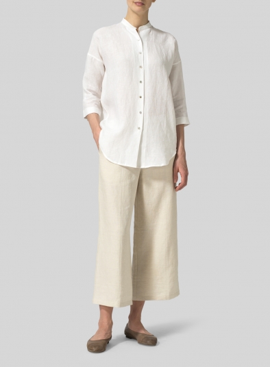 Linen Mandarin Collar Drop-shoulder Long Shirt