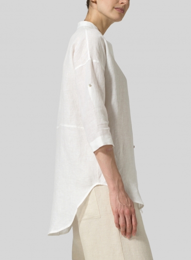 Linen Mandarin Collar Drop-shoulder Long Shirt