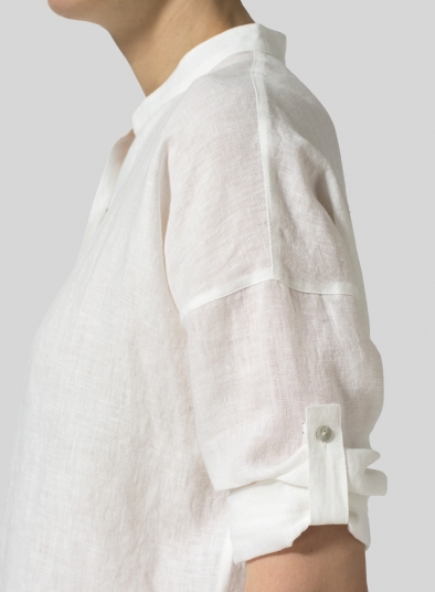 Linen Mandarin Collar Drop-shoulder Long Shirt