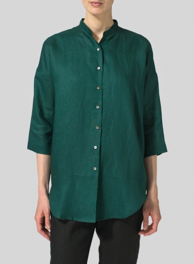 Linen Mandarin Collar Full Button Long Shirt