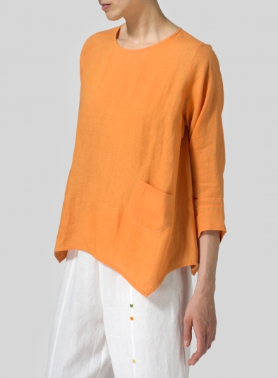 Orange Linen Round Neck 3/4 Sleeve Top