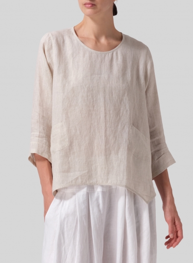 Linen Round Neck 3/4 Sleeve Top