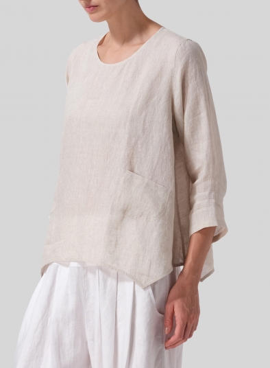 Linen Round Neck 3/4 Sleeve Top