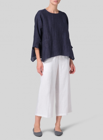 Linen Round Neck 3/4 Sleeve Top