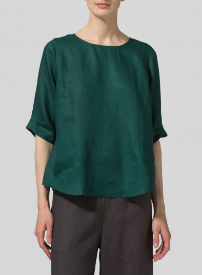 Dark Jade Linen Half Sleeves Top