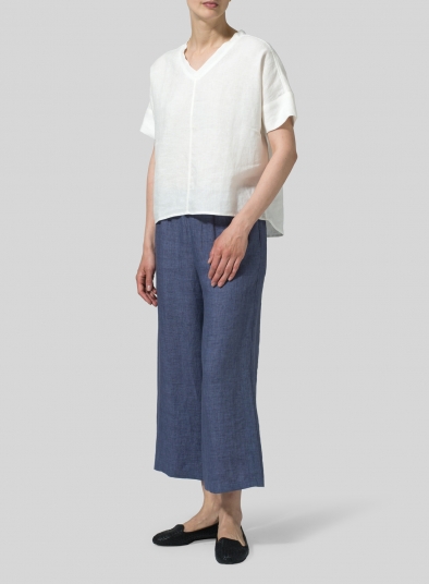 Linen Sloped Shoulder Wide Boxy V-neck Cropped Top  