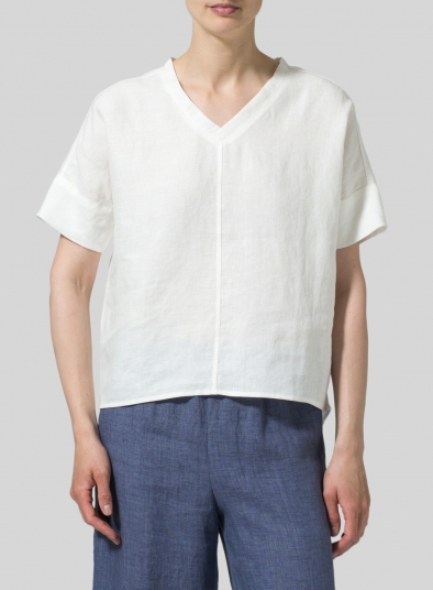 Linen Sloped Shoulder Wide Boxy V-neck Cropped Top  