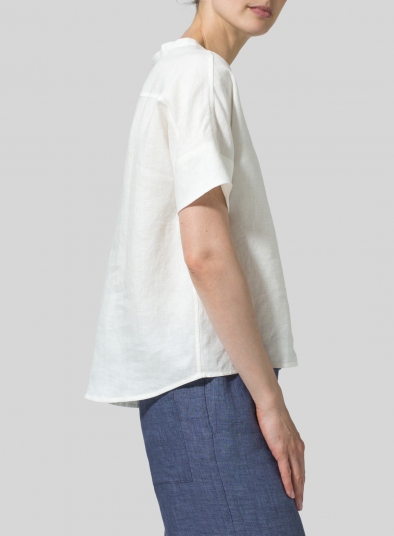 Linen Sloped Shoulder Wide Boxy V-neck Cropped Top  