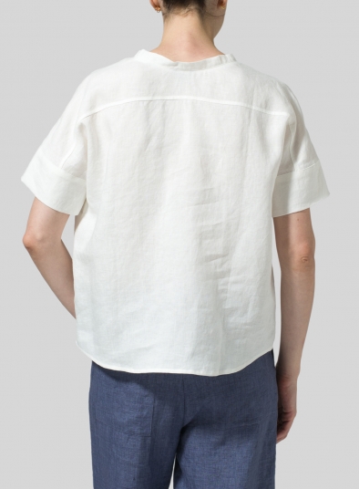 Linen Sloped Shoulder Wide Boxy V-neck Cropped Top  