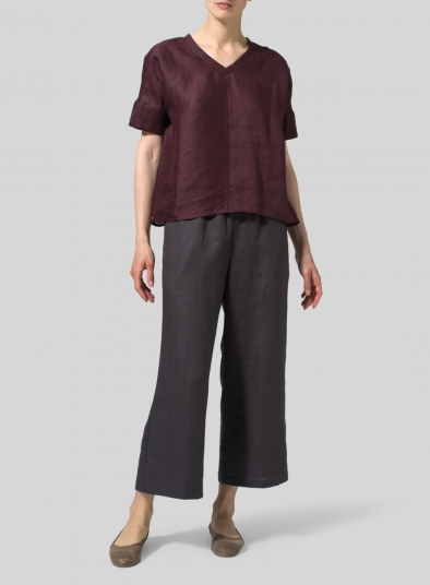 Linen Sloped Shoulder Wide Boxy V-neck Cropped Top  