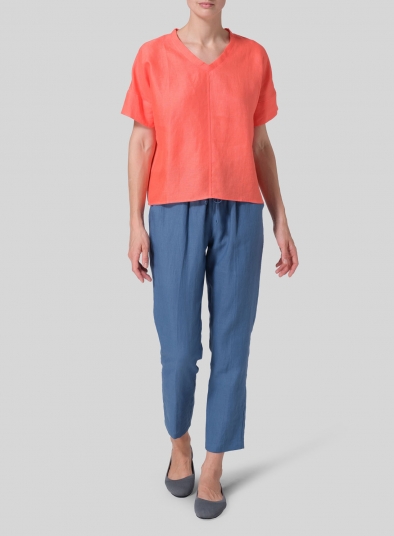 Linen Sloped Shoulder Wide Boxy V-neck Cropped Top  