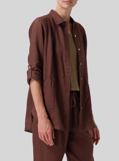 Linen Long Sleeve Uneven Hem Shirt