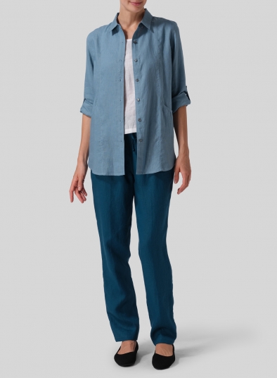Linen Long Sleeve Uneven Hem Shirt