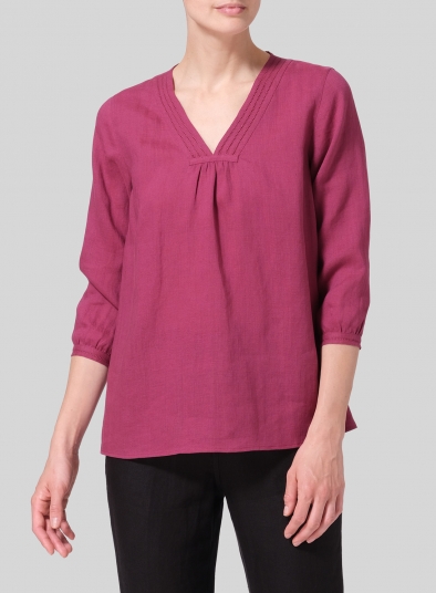 Linen Embroidered A-Line V-Neck Blouse