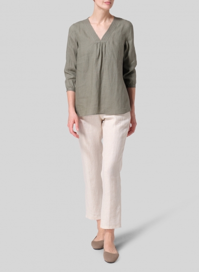 Linen Embroidered A-Line V-Neck Blouse