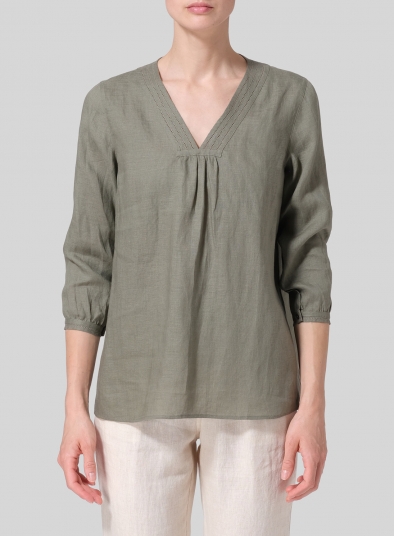 Linen Embroidered A-Line V-Neck Blouse