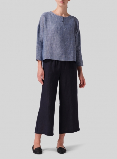 Linen Dropped Shoulder Narrow Sleeve Boxy Short Top