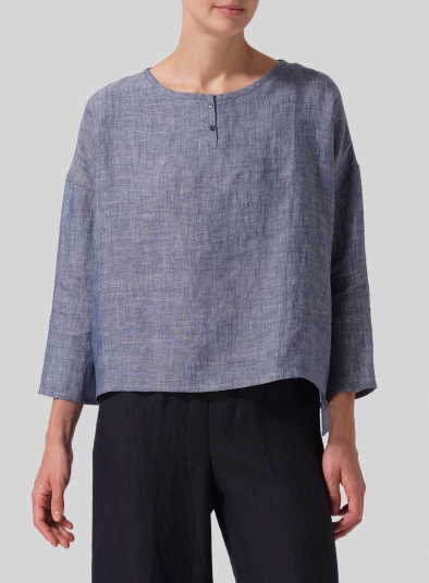 Linen Dropped Shoulder Narrow Sleeve Boxy Short Top