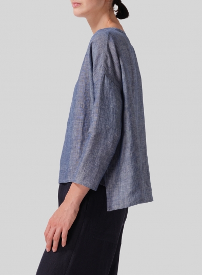 Linen Dropped Shoulder Narrow Sleeve Boxy Short Top