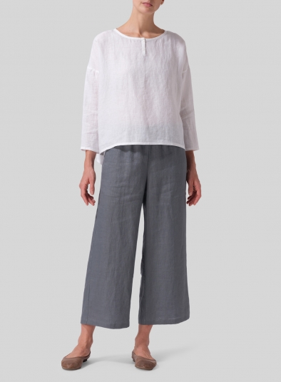 Linen Dropped Shoulder Narrow Sleeve Boxy Short Top