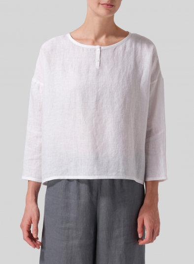 Linen Dropped Shoulder Narrow Sleeve Boxy Short Top