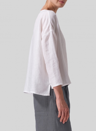 Linen Dropped Shoulder Narrow Sleeve Boxy Short Top