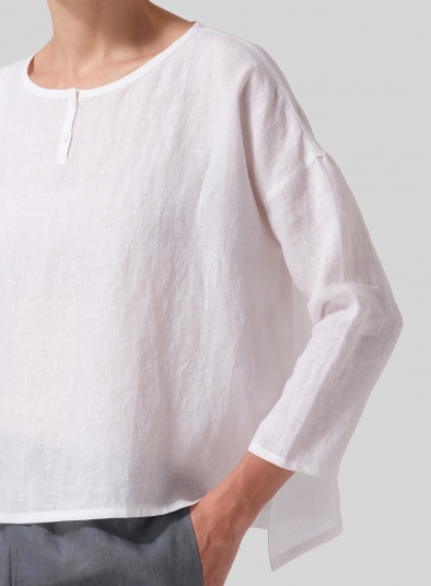 Linen Dropped Shoulder Narrow Sleeve Boxy Short Top