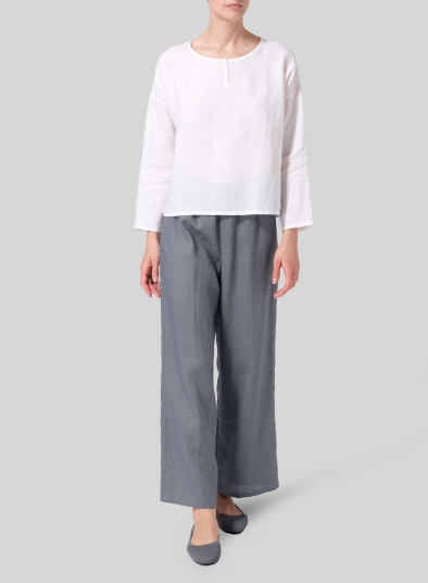 Linen Dropped Shoulder Narrow Sleeve Boxy Short Top